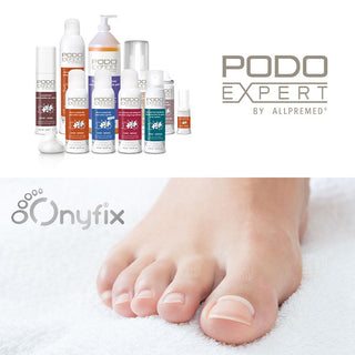 PodoExpert products and photo of foot with nice nails with Onyfix logo representing Feet with noticeably healthier-looking toenails after Combo Podoexpert & Onyfix Certification Course